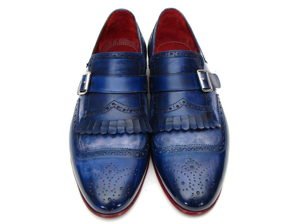 Paul Parkman Kiltie Monkstrap Shoes Dual Tone Blue Leather (ID#12BL78)