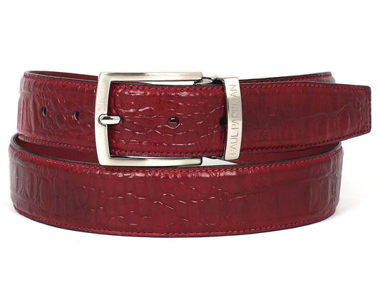 PAUL PARKMAN Men's Crocodile Textured Leather Belt Burgundy (ID#B02-BUR)