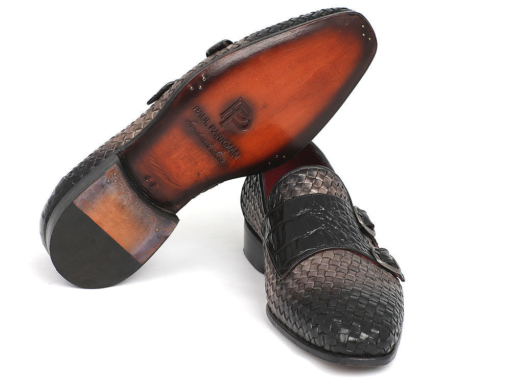 Paul Parkman Gray Woven & Croc Embossed Monkstraps (ID#HK588-GRY)
